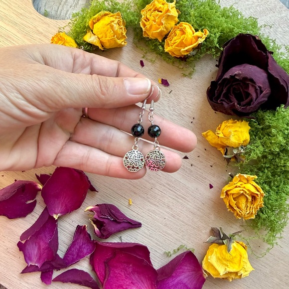 Jewelry - Faceted Black Onyx Earrings with Sand Dollar Charms